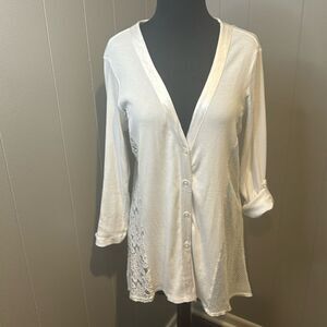 Barbara Lesser white satin edge button front stretch ribbed lace/mesh panels top